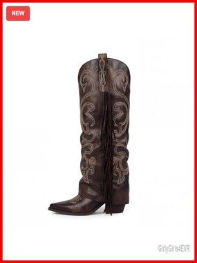 Fold Over Fringe Embroidered Western Cowboy Knee High Boots Pointed Toe